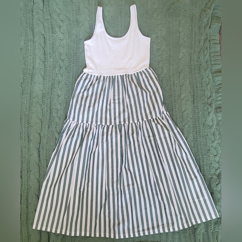 J. Crew Midi Dress in White and Green Stripes